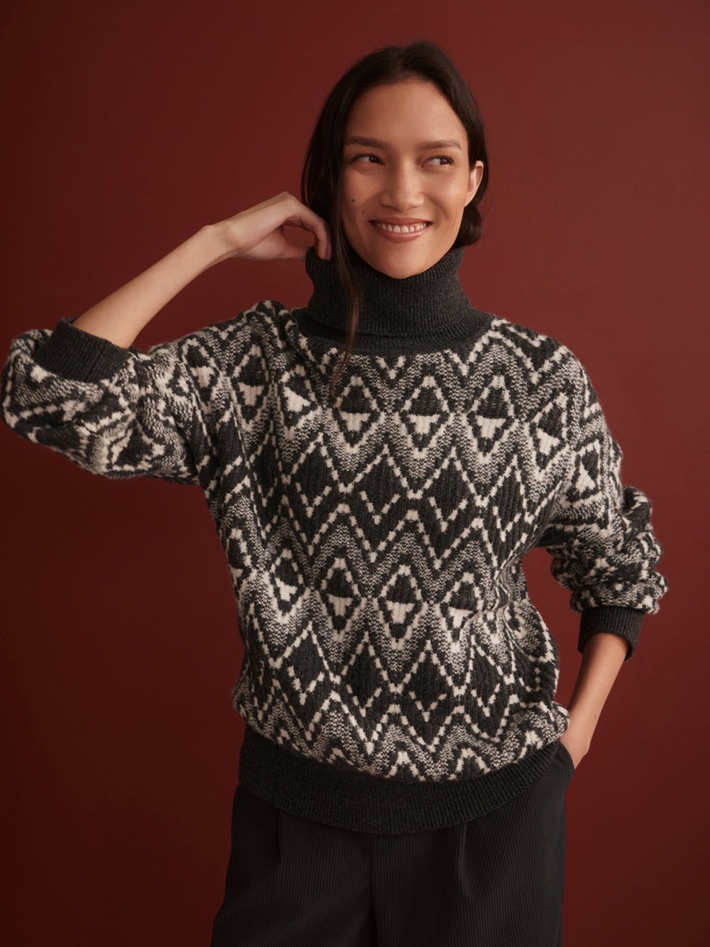 Varley Ida Relaxed Fairisle Turtleneck Sweater -Charcoal & White -Sz Small - NWT